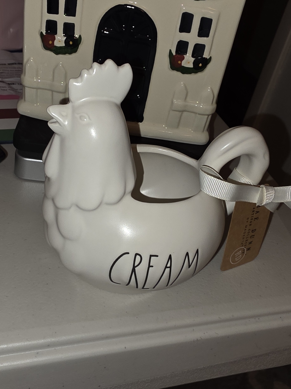 Rae Dunn White Ceramic Hen Creamer with Ribbon Tag